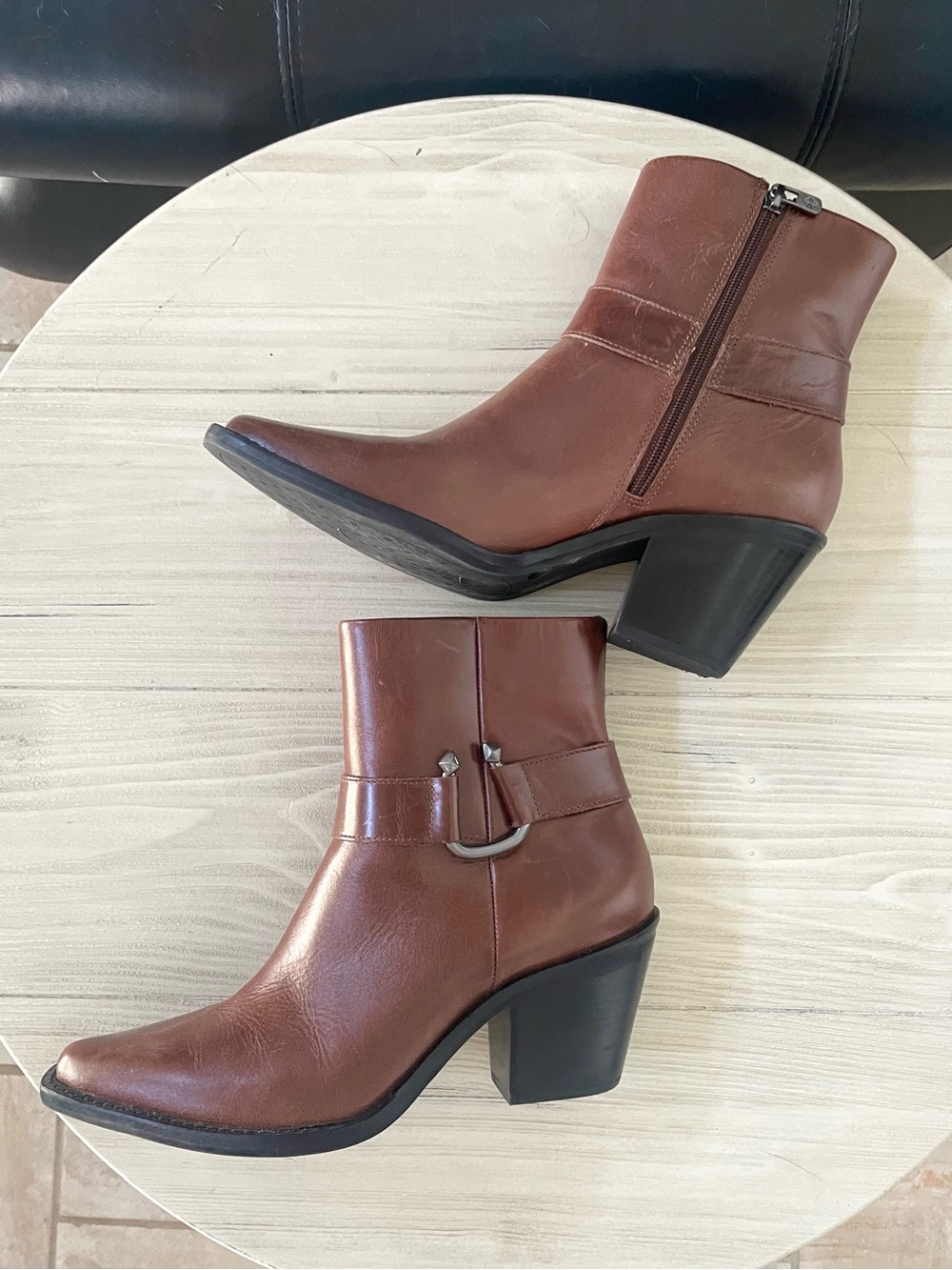 ANTONIO MELANI Brown Leather Ankle Booties with Block Heel